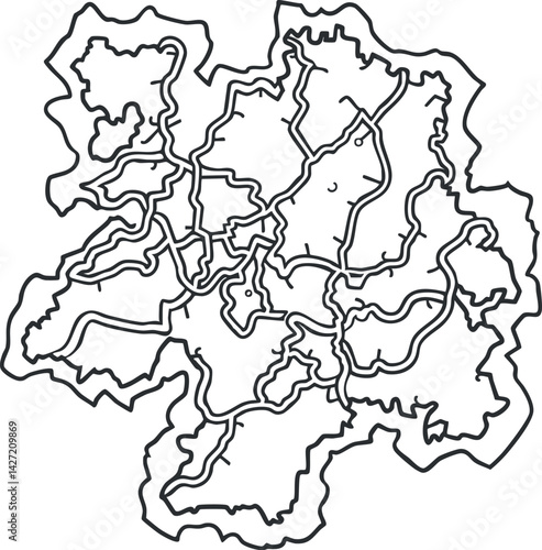 Abstract black and white map outline featuring intricate lines representing urban geography and routes.