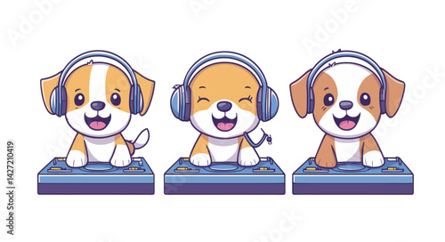 A canine DJ spinning tracks with turntables in a contemporary flat style art piece