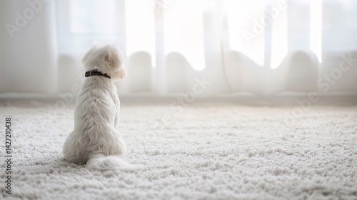 Maltese dog sitting white carpet gentle natural window light clean background soft detailed fur indoor pet lifestyle photo