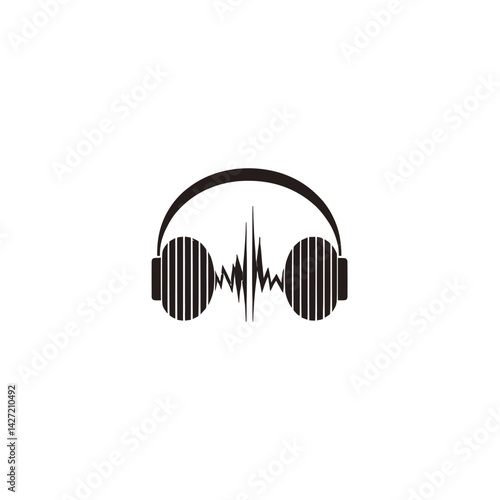 Audífonos plano lineal Icono con olas de sonido de color negro