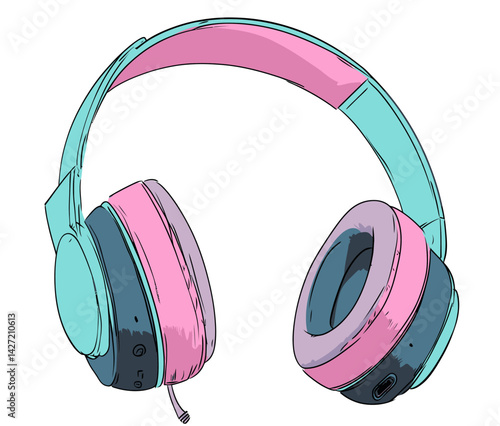 A modern-style flat color cartoon drawing features gray headphones set against a white background