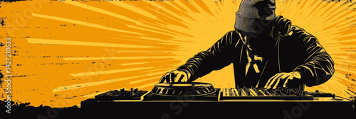 Vibrant colors and energy abound in a dynamic dj performance honoring disk jockey day, set against a horizontal banner with copy space, commemorating International DJ Day, World Music Day, and