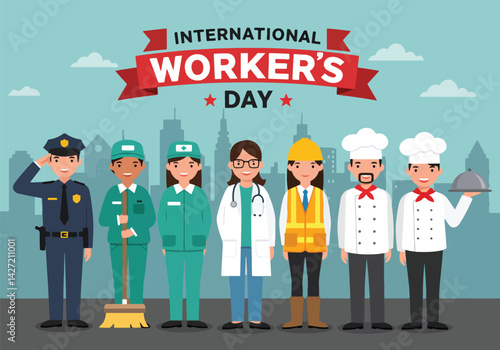 A colorful illustration celebrating International Workers' Day, showcasing a diverse group of professionals standing together in solidarity