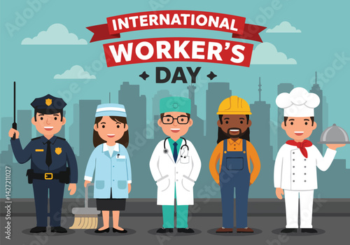 A colorful illustration celebrating International Workers' Day, showcasing a diverse group of professionals standing together in solidarity