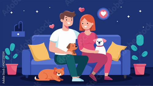 A couple enjoys a romantic evening at home their AI pet companions providing entertainment and affection as they cuddle on the couch.. Vector illustration