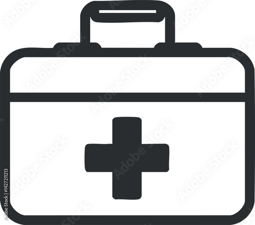 A simple illustration of a first aid kit with a red cross symbol for medical emergencies.