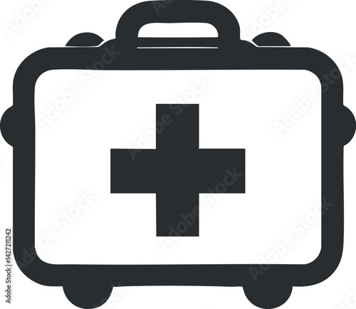 A simple black and white illustration of a first aid kit symbolizing health and safety.