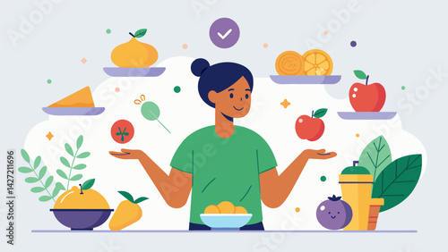 Mindfully choosing wholesome and nourishing ingredients avoiding impulsivity or excess.. Vector illustration