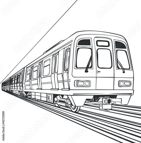 A detailed black and white illustration of a subway train in motion along railway tracks.