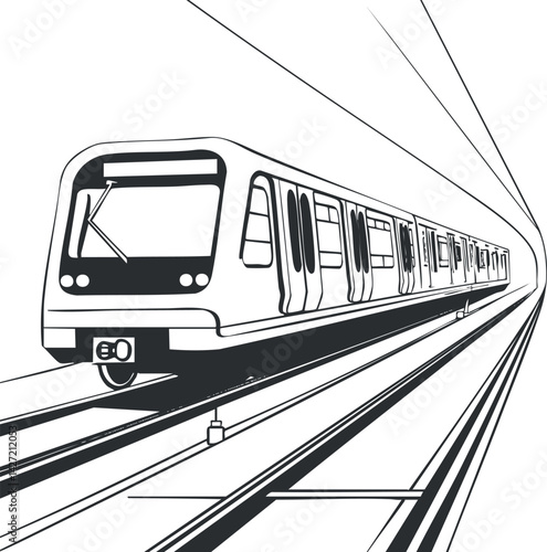 A detailed line art illustration of a subway train speeding through a tunnel.