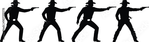 Cowboy Gunslinger Silhouette Action Poses Western Graphic Design Dynamic Movement Black and White Minimalist Illustration