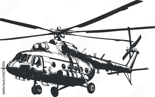Illustration of a military helicopter showcasing its design and engineering features in flight.