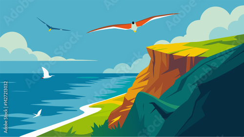 Blending in with the birds hang gliders soar over stunning coastal cliffs enjoying the breathtaking view from above.. Vector illustration