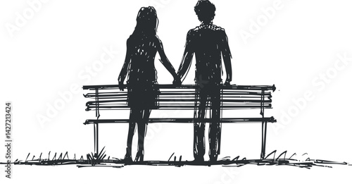 A romantic sketch of a couple holding hands while sitting on a bench in a park.