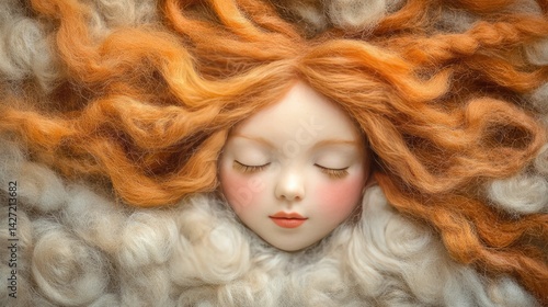 Serene redhead doll nestled in wool with dreamy portrait.