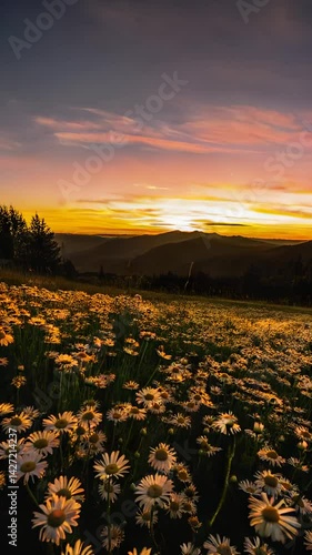 A timelapse of the sun setting over mountains with a field of daisies in the foreground. 