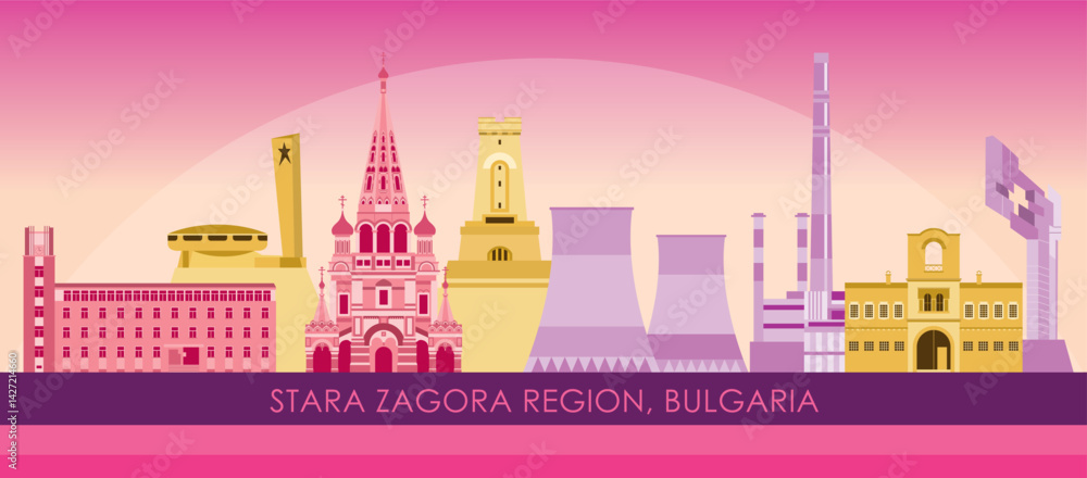 Sunset Skyline panorama of Stara Zagora Region, Bulgaria- vector illustration