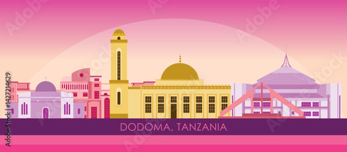 Obraz na płótnie Sunset Skyline panorama of city of Dodoma, Tanzania - vector illustration w salonie