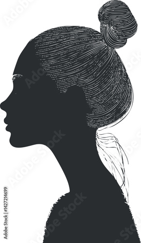 A stylized silhouette of a woman showcasing a bun hairstyle and elegant profile.