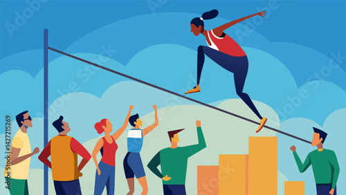 Onlookers gasp in awe as a competitor uses a long pole to vault over a high bar in the pole vault event.. Vector illustration