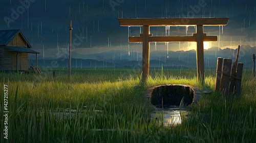 Rainy sunset over Japanese rice paddy with torii gate, hut, and well; serene nature scene for travel, meditation, or game backgrounds