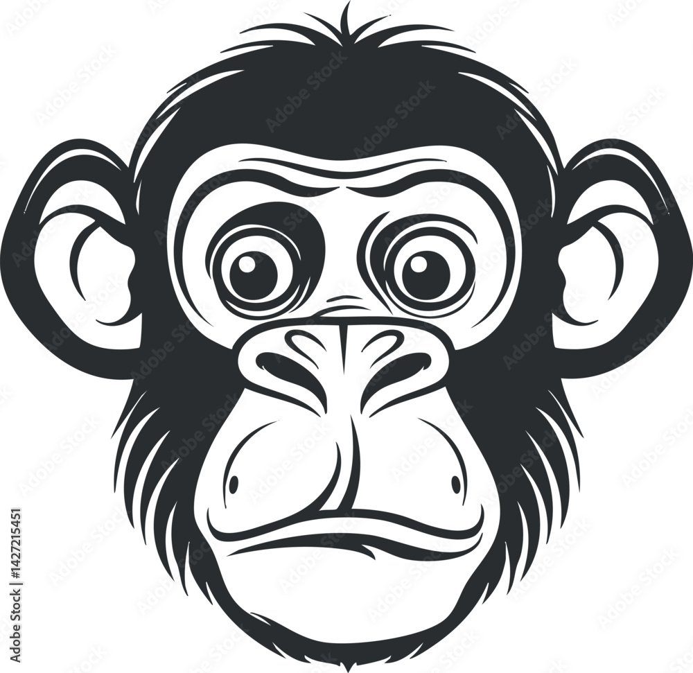 A playful black and white illustration of a chimpanzee's face with cartoonish features. A playful black and white illustration of a chimpanzee's face with cartoonish features.