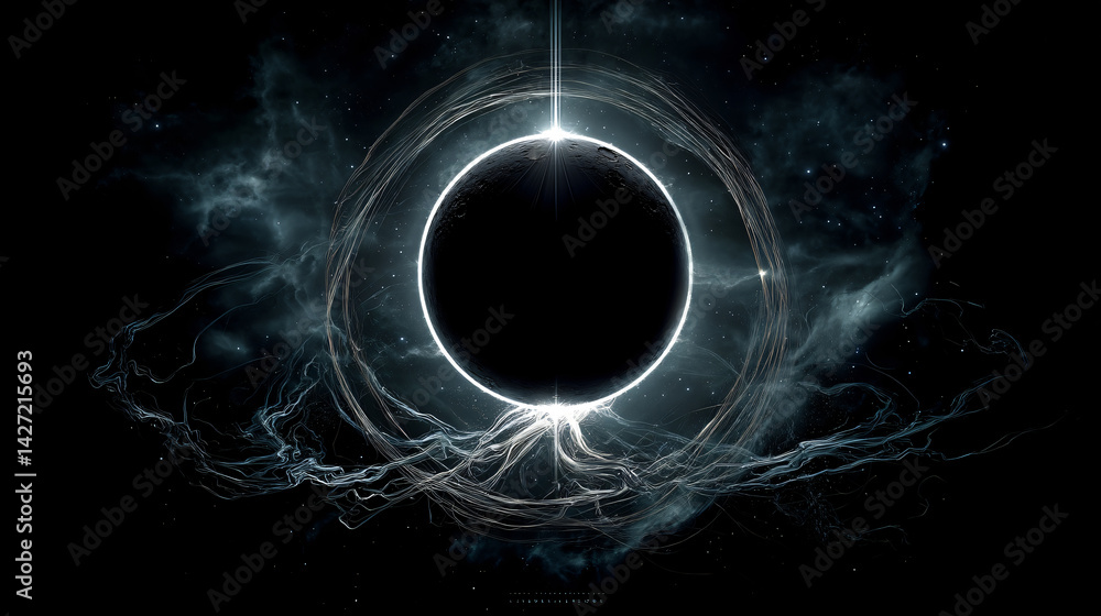 Fototapeta premium Eerie Black Hole: Distorted Space and Time Against a Cosmic Background. Dying Star Eclipsed by a Corrupted Moon in Space