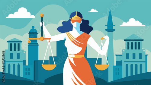 A statue of Lady Justice with her iconic blindfold and scales overlooking a citys courthouse.. Vector illustration