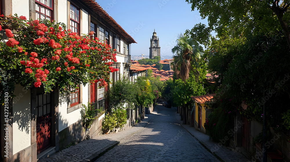 Fototapeta premium Charming Cobblestone Alleyway In Old European Town With Red Flowers
