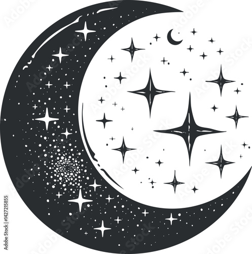 A stylized illustration of the moon and stars in a night sky setting.