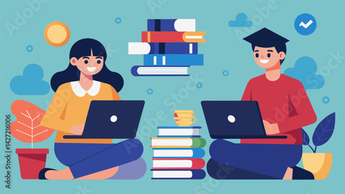 A contrast image of a student sitting with a pile of expensive textbooks and another student using a laptop representing the digital age and its. Vector illustration