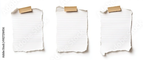 Three torn pieces of lined paper with tape.