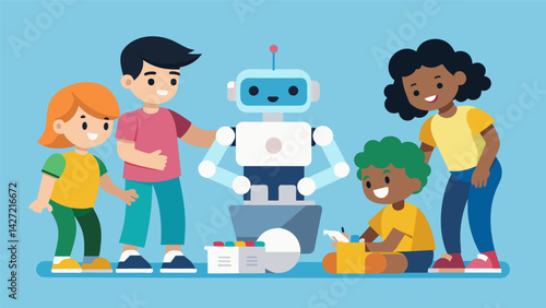 A group of kids work together to assemble a robotic smart doll that can interact and respond to voice commands learning about technology and teamwork. Vector illustration
