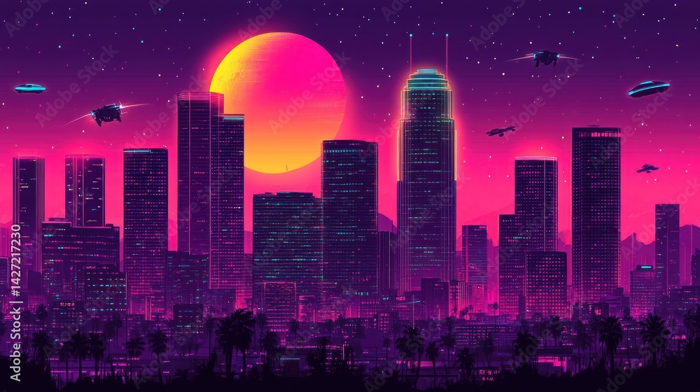 Retro LA skyline at night with futuristic drones Retro LA skyline at night with futuristic drones