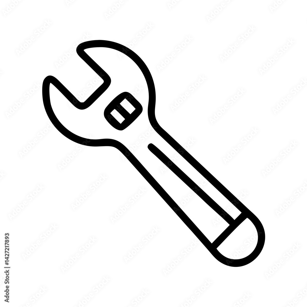 Illustration of a wrench tool with an adjustable jaw and a thick outline on a white background image Illustration of a wrench tool with an adjustable jaw and a thick outline on a white background image