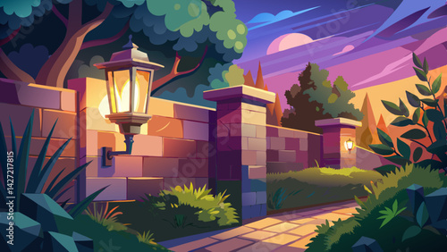 Very beautiful A modern outdoor wall sconce illuminates a garden with a warm glow at dusk.