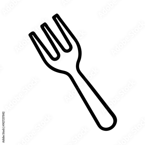 Illustration of a simple black outline of a fork with three tines on a plain white background image