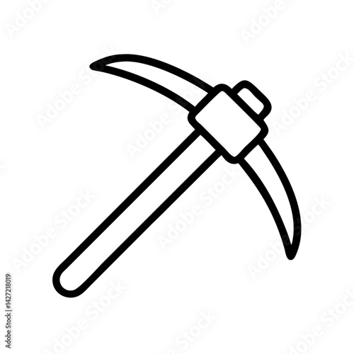 Illustration of a black outline drawing of a pickaxe tool with a wooden handle on a white background