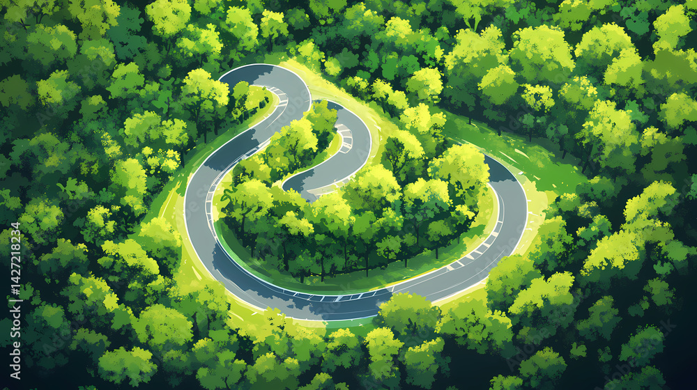 Aerial view of winding race track amidst lush greenery. Lush Circuit. Illustration Aerial view of winding race track amidst lush greenery. Lush Circuit. Illustration
