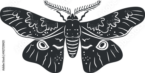 Stylized black moth illustration displaying intricate wing patterns and detailed features.