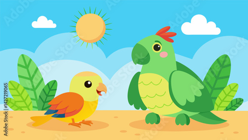 A bubbly parakeet and a laidback turtle bask in the virtual sunshine chirping and pecking at virtual seeds as they enjoy a relaxing playdate.. Vector illustration