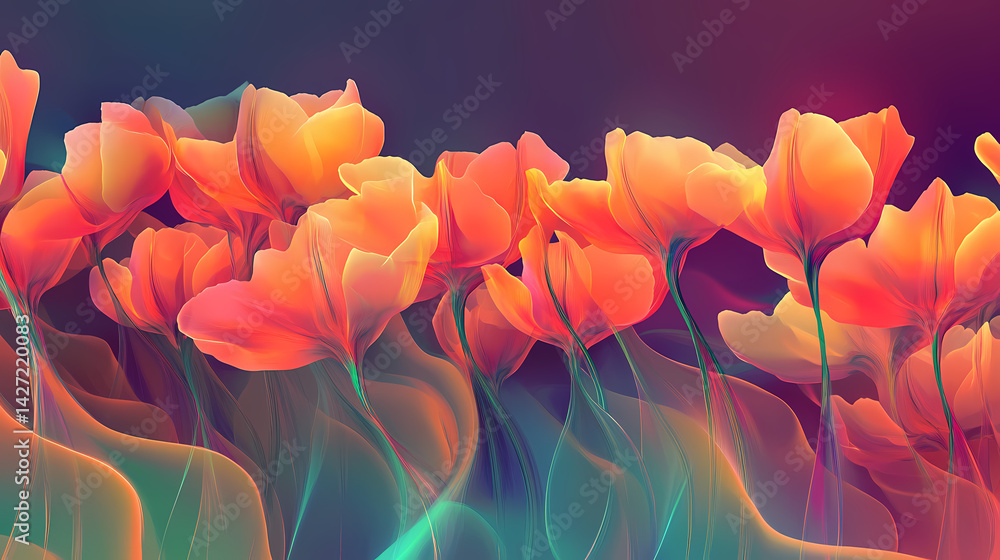 Fototapeta premium A row of vibrant tulips sways gently in the soft spring breeze. Cyber Tulip. Illustration