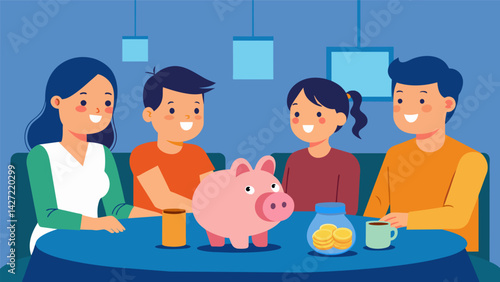 A family sitting around a dinner table with a piggy bank in the center and an emergency fund jar on the side demonstrating how building an emergency. Vector illustration
