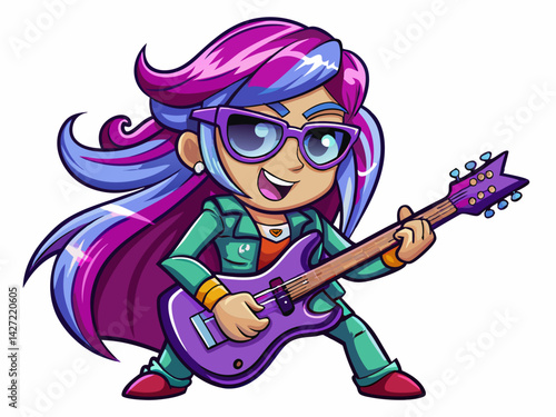 A high-quality vector illustration of a cartoon girl with purple hair, sunglasses and electric guitar, rocking out, isolated on a white background