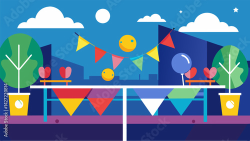 Banners and flags line the outdoor ping pong arena colorful symbols of the excitement and camaraderie of the summer playoffs.. Vector illustration
