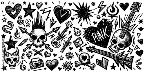 Punk Rock Tattoo Design Collection, a collection of punk rock-themed tattoo designs, featuring skulls, guitars, hearts, stars, lightning bolts, and the word "PUNK"
