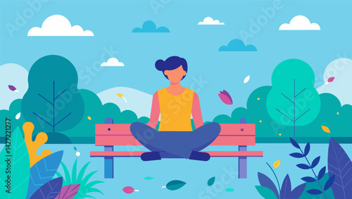 In a peaceful garden a person meditates on a bench as they allow their thoughts and emotions to flow without judgment or resistance.. Vector illustration