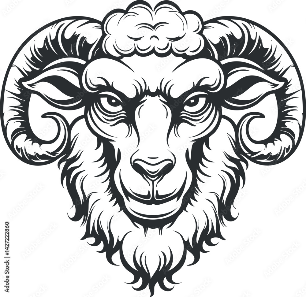 Stylized illustration of a ram's head showcasing strong features and impressive horns Stylized illustration of a ram's head showcasing strong features and impressive horns