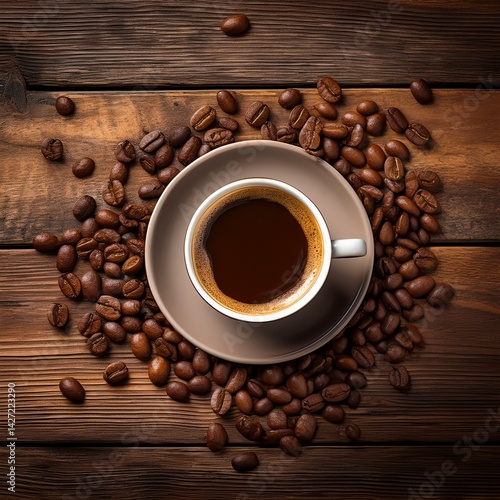 Cup of coffee and few coffee beans on wooden background, top view, plate of cake
