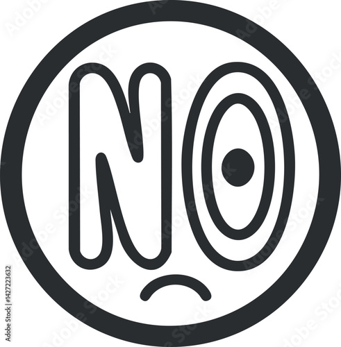 A graphic illustration of a round face expressing a negative response with the word no.